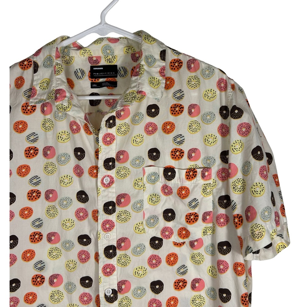 Public Opinion Mens Large Donut Print Short Sleeve Button Down Shirt White Multi